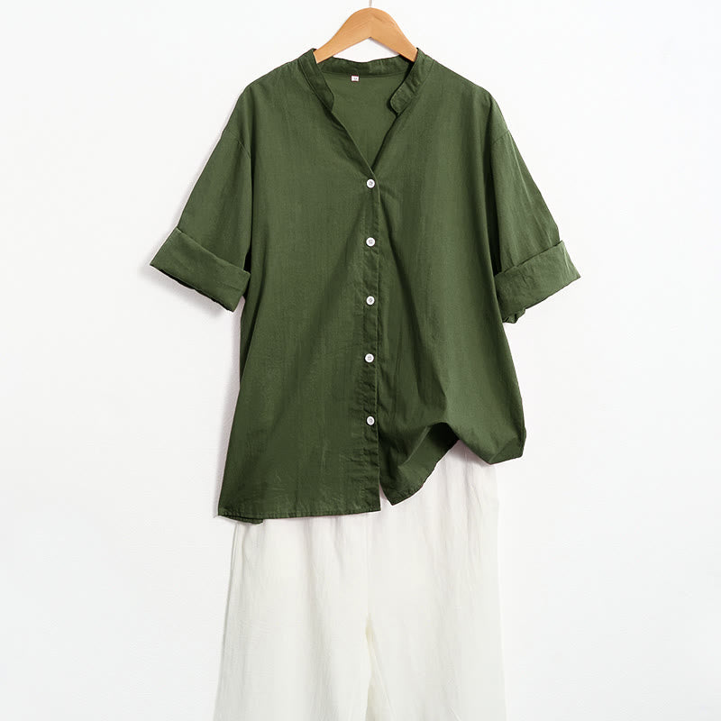 Camicia da donna in cotone e lino, a maniche corte, con colletto a punta e petto semplice, stile casual estivo Buddha Stones - image 23