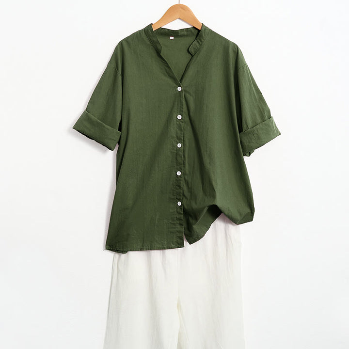 Camicia da donna in cotone e lino, a maniche corte, con colletto a punta e petto semplice, stile casual estivo Buddha Stones - image 23