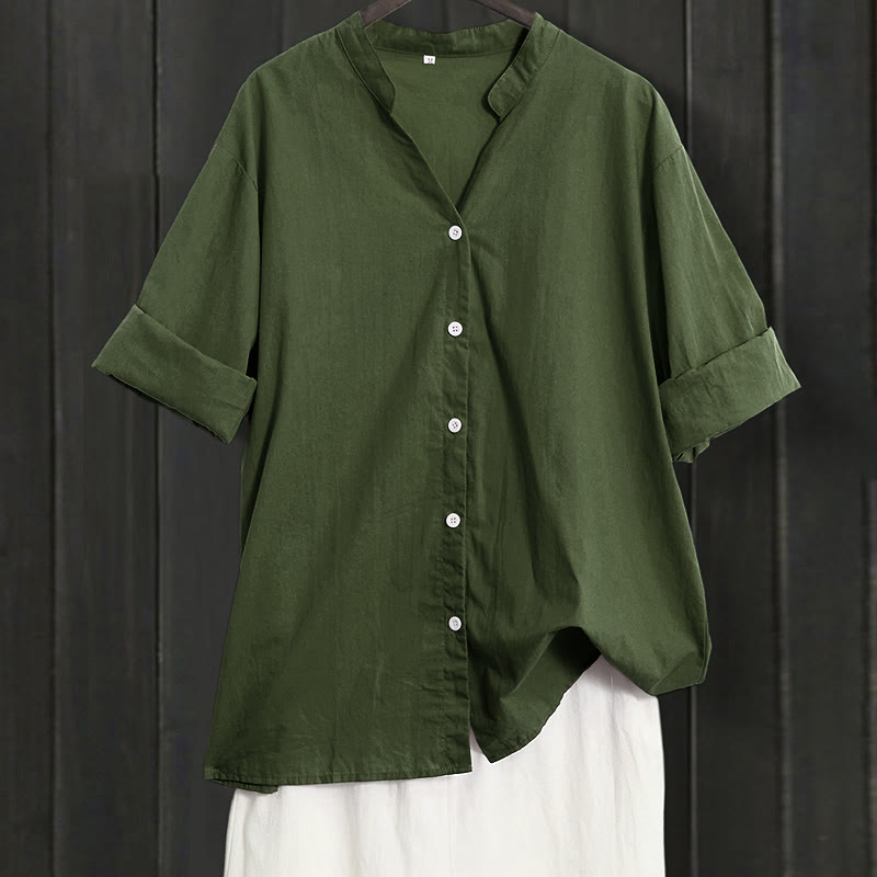 Camicia da donna in cotone e lino, a maniche corte, con colletto a punta e petto semplice, stile casual estivo Buddha Stones - Verde foresta - US20, UK/AU24, EU52 (5XL) - image 18