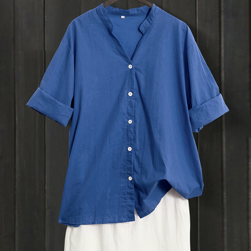 Camicia da donna in cotone e lino, a maniche corte, con colletto a punta e petto semplice, stile casual estivo Buddha Stones - Blu reale - US20, UK/AU24, EU52 (5XL) - image 24