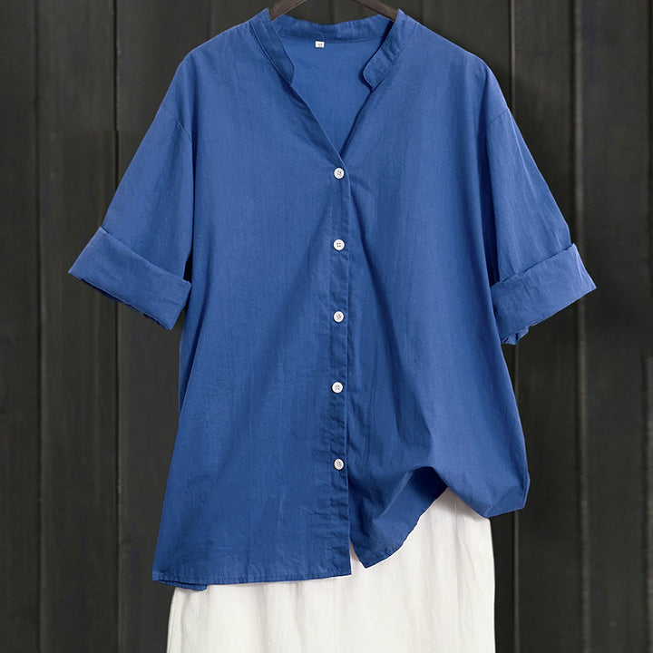 Camicia da donna in cotone e lino, a maniche corte, con colletto a punta e petto semplice, stile casual estivo Buddha Stones - Blu reale - US20, UK/AU24, EU52 (5XL) - image 24