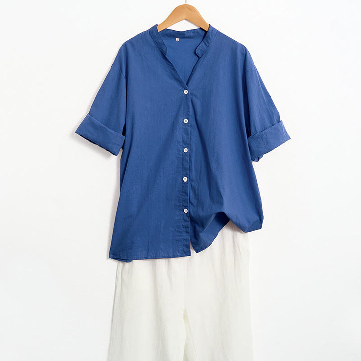 Camicia da donna in cotone e lino, a maniche corte, con colletto a punta e petto semplice, stile casual estivo Buddha Stones - image 29