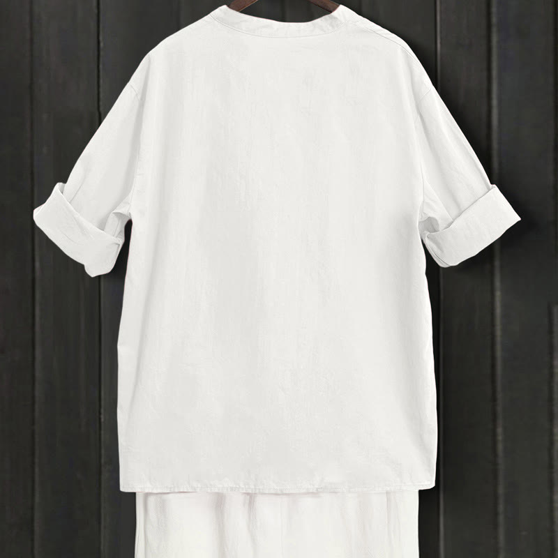 Camicia da donna in cotone e lino, a maniche corte, con colletto a punta e petto semplice, stile casual estivo Buddha Stones - image 31
