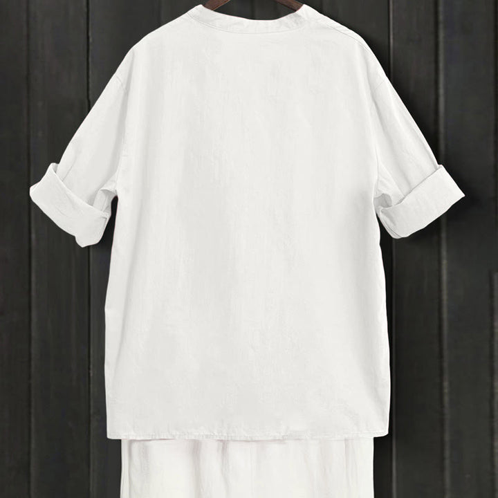 Camicia da donna in cotone e lino, a maniche corte, con colletto a punta e petto semplice, stile casual estivo Buddha Stones - image 31