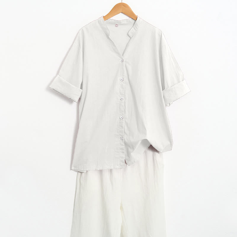 Camicia da donna in cotone e lino, a maniche corte, con colletto a punta e petto semplice, stile casual estivo Buddha Stones - image 35