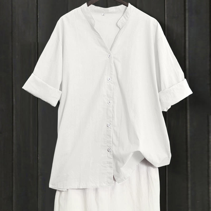 Camicia da donna in cotone e lino, a maniche corte, con colletto a punta e petto semplice, stile casual estivo Buddha Stones - Bianco - US20, UK/AU24, EU52 (5XL) - image 30