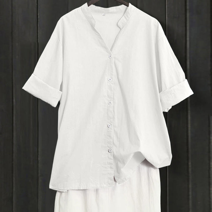 Camicia da donna in cotone e lino, a maniche corte, con colletto a punta e petto semplice, stile casual estivo Buddha Stones - Bianco - US20, UK/AU24, EU52 (5XL) - image 30
