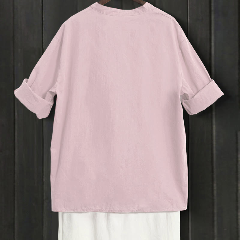 Camicia da donna in cotone e lino, a maniche corte, con colletto a punta e petto semplice, stile casual estivo Buddha Stones - image 37