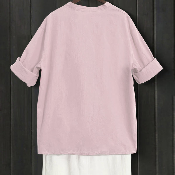 Camicia da donna in cotone e lino, a maniche corte, con colletto a punta e petto semplice, stile casual estivo Buddha Stones - image 37