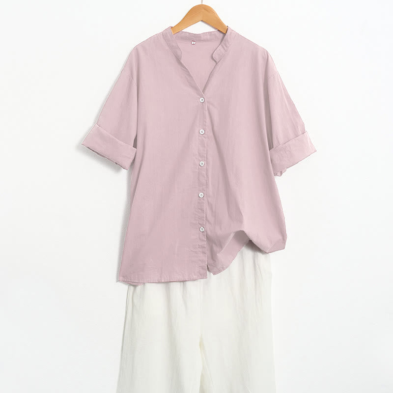 Camicia da donna in cotone e lino, a maniche corte, con colletto a punta e petto semplice, stile casual estivo Buddha Stones - image 41