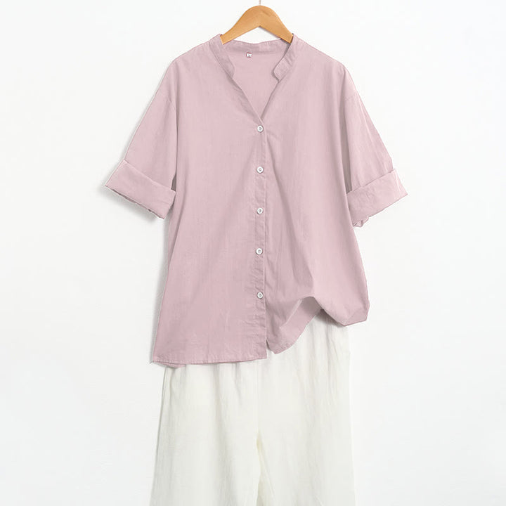 Camicia da donna in cotone e lino, a maniche corte, con colletto a punta e petto semplice, stile casual estivo Buddha Stones - image 41