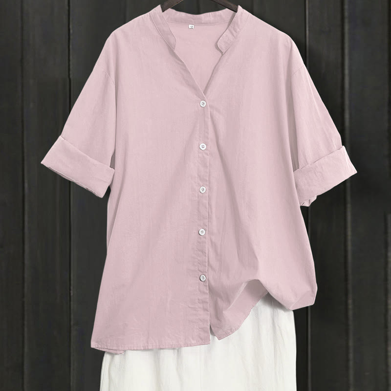 Camicia da donna in cotone e lino, a maniche corte, con colletto a punta e petto semplice, stile casual estivo Buddha Stones - MistyRose - US20, UK/AU24, EU52 (5XL) - image 36