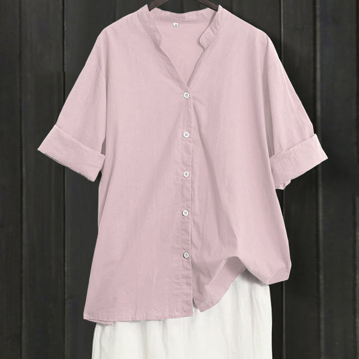 Camicia da donna in cotone e lino, a maniche corte, con colletto a punta e petto semplice, stile casual estivo Buddha Stones - MistyRose - US20, UK/AU24, EU52 (5XL) - image 36