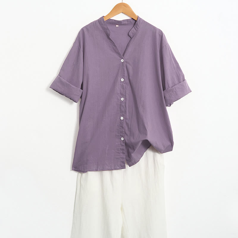 Camicia da donna in cotone e lino, a maniche corte, con colletto a punta e petto semplice, stile casual estivo Buddha Stones - image 47
