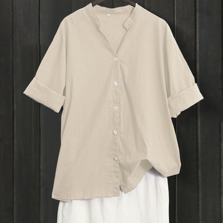 Camicia da donna in cotone e lino, a maniche corte, con colletto a punta e petto semplice, stile casual estivo Buddha Stones - Giallo chiaro verga d'oro - US20, UK/AU24, EU52 (5XL) - image 48