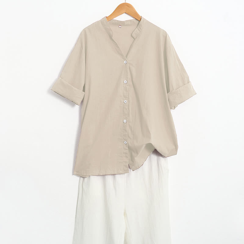 Camicia da donna in cotone e lino, a maniche corte, con colletto a punta e petto semplice, stile casual estivo Buddha Stones - image 53