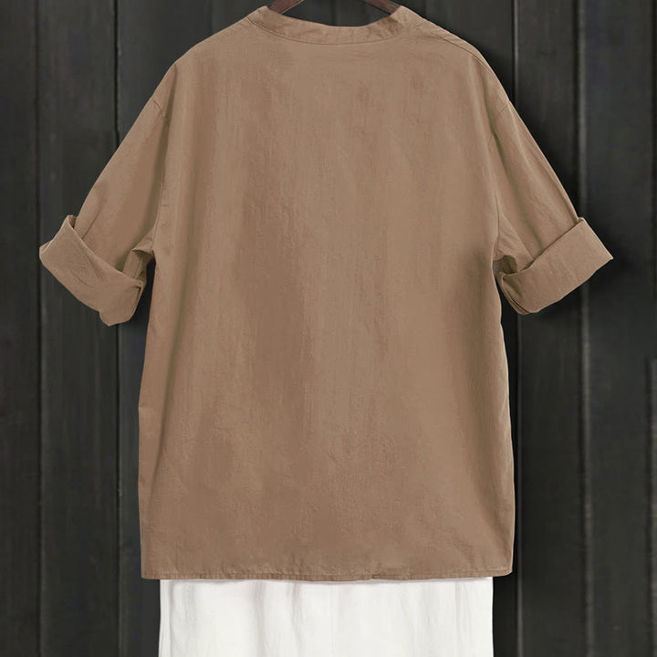 Camicia da donna in cotone e lino, a maniche corte, con colletto a punta e petto semplice, stile casual estivo Buddha Stones - image 55