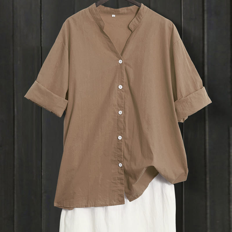 Camicia da donna in cotone e lino, a maniche corte, con colletto a punta e petto semplice, stile casual estivo Buddha Stones - Verga d'oro scura - US20, UK/AU24, EU52 (5XL) - image 54