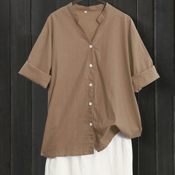 Camicia da donna in cotone e lino, a maniche corte, con colletto a punta e petto semplice, stile casual estivo Buddha Stones - Verga d'oro scura - US20, UK/AU24, EU52 (5XL) - image 54