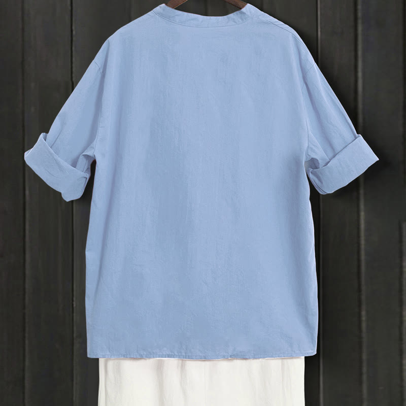 Camicia da donna in cotone e lino, a maniche corte, con colletto a punta e petto semplice, stile casual estivo Buddha Stones - image 61