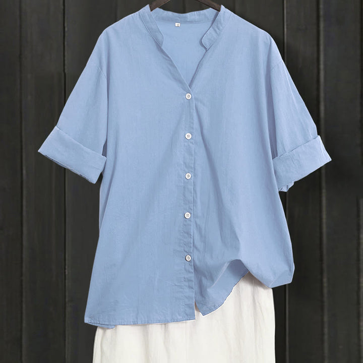 Camicia da donna in cotone e lino, a maniche corte, con colletto a punta e petto semplice, stile casual estivo Buddha Stones - Blu acciaio chiaro - US20, UK/AU24, EU52 (5XL) - image 60