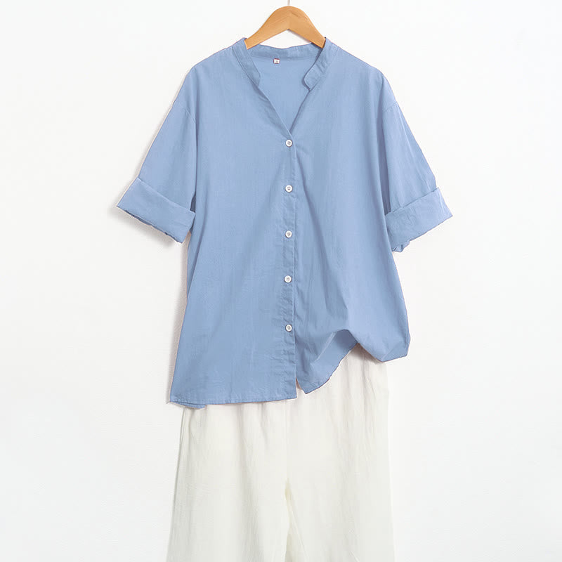 Camicia da donna in cotone e lino, a maniche corte, con colletto a punta e petto semplice, stile casual estivo Buddha Stones - image 65