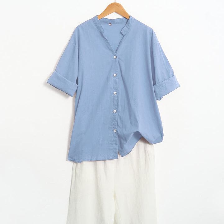 Camicia da donna in cotone e lino, a maniche corte, con colletto a punta e petto semplice, stile casual estivo Buddha Stones - image 65