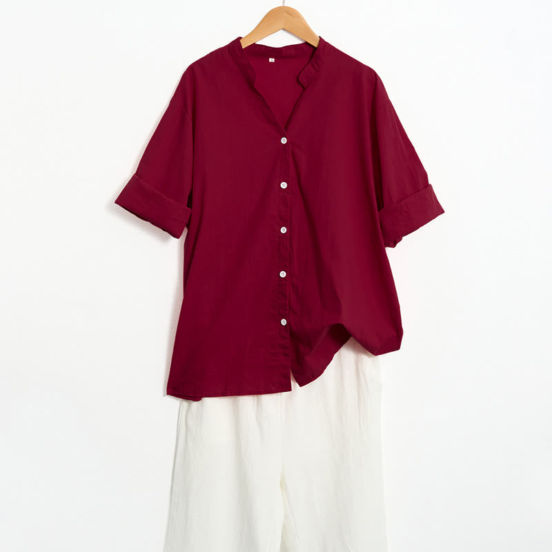 Camicia da donna in cotone e lino, a maniche corte, con colletto a punta e petto semplice, stile casual estivo Buddha Stones - image 71