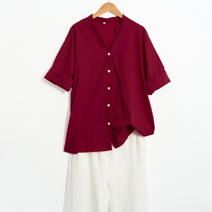 Camicia da donna in cotone e lino, a maniche corte, con colletto a punta e petto semplice, stile casual estivo Buddha Stones - image 71