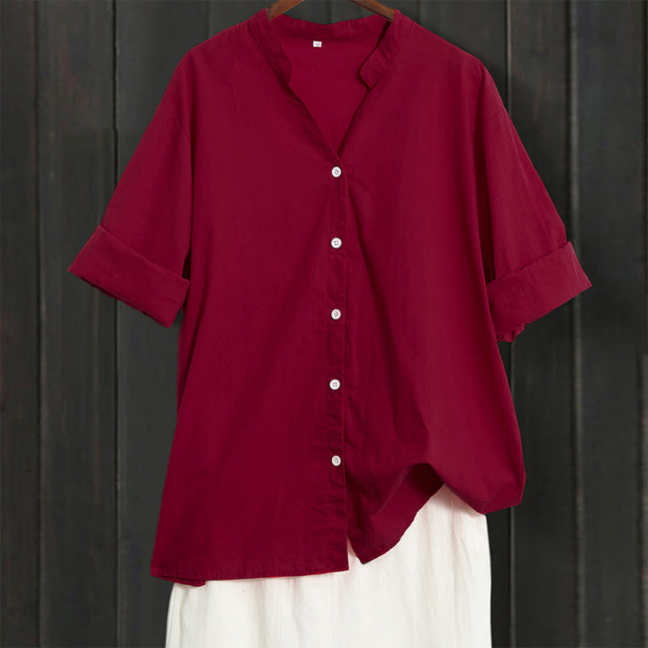 Camicia da donna in cotone e lino, a maniche corte, con colletto a punta e petto semplice, stile casual estivo Buddha Stones - IndianRed - US20, UK/AU24, EU52 (5XL) - image 66