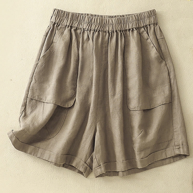 Pantaloncini dritti elastici da donna Buddha Stones, casual estivi, in cotone e lino, con tasche - Abbronzatura - US12, UK/AU16, EU44 (2XL) - image 0