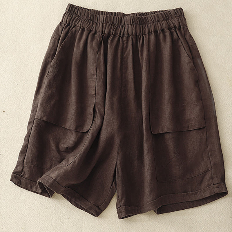 Pantaloncini dritti elastici da donna Buddha Stones, casual estivi, in cotone e lino, con tasche - Marrone sella - US12, UK/AU16, EU44 (2XL) - image 6