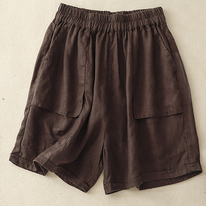 Pantaloncini dritti elastici da donna Buddha Stones, casual estivi, in cotone e lino, con tasche - Marrone sella - US12, UK/AU16, EU44 (2XL) - image 6