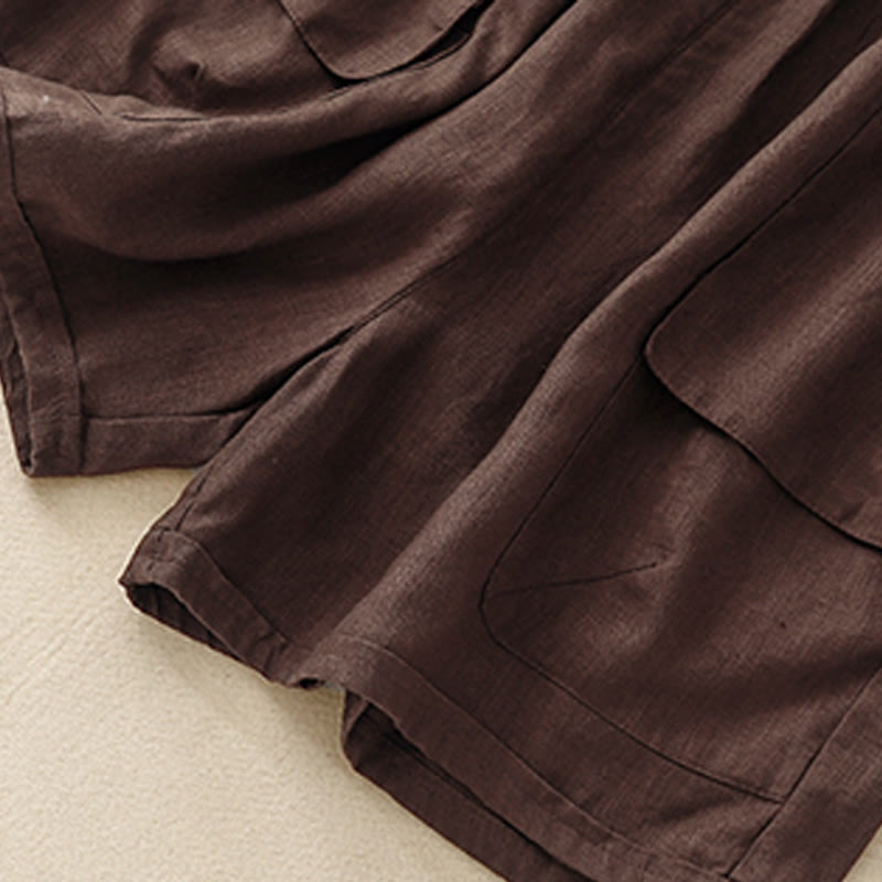 Pantaloncini dritti elastici da donna Buddha Stones, casual estivi, in cotone e lino, con tasche - image 10