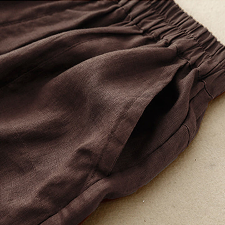 Pantaloncini dritti elastici da donna Buddha Stones, casual estivi, in cotone e lino, con tasche - image 7