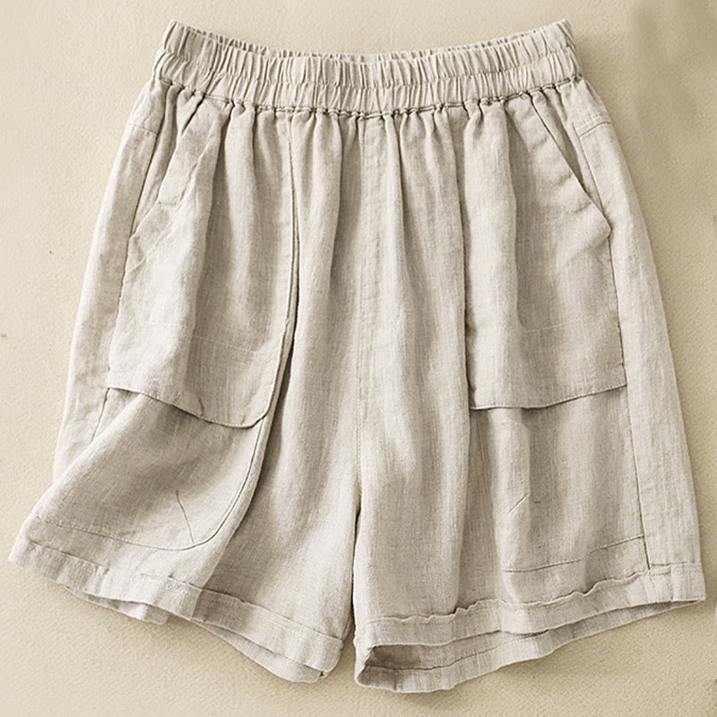 Pantaloncini dritti elastici da donna Buddha Stones, casual estivi, in cotone e lino, con tasche - Beige - US12, UK/AU16, EU44 (2XL) - image 12