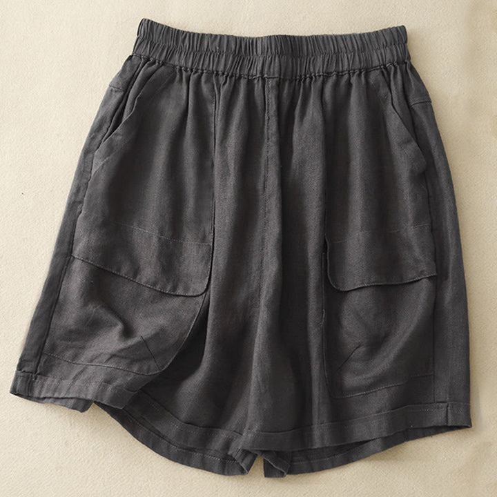 Pantaloncini dritti elastici da donna Buddha Stones, casual estivi, in cotone e lino, con tasche - Nero - US12, UK/AU16, EU44 (2XL) - image 21
