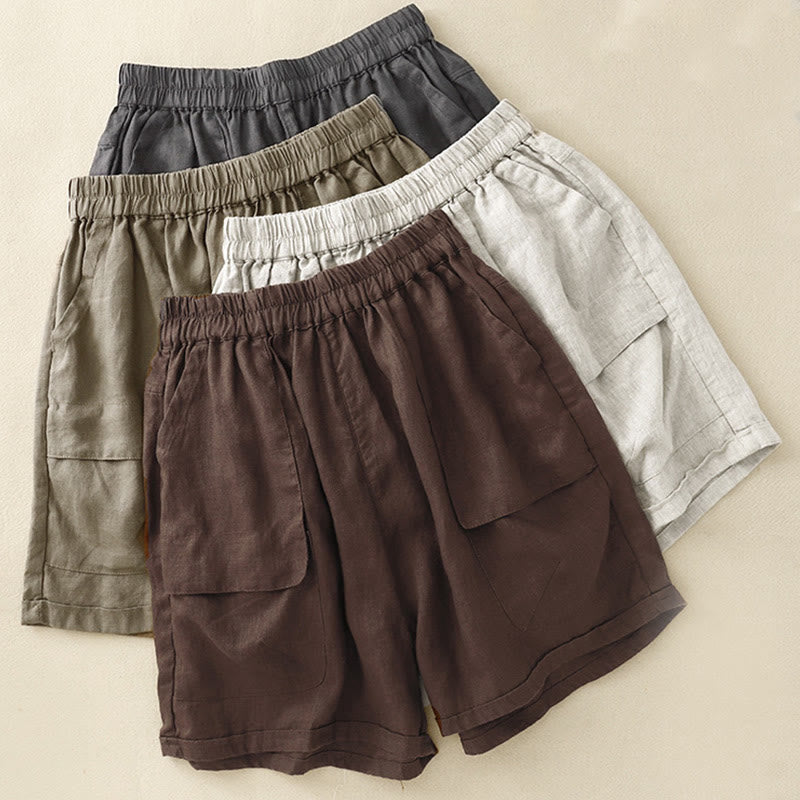 Pantaloncini dritti elastici da donna Buddha Stones, casual estivi, in cotone e lino, con tasche - image 27