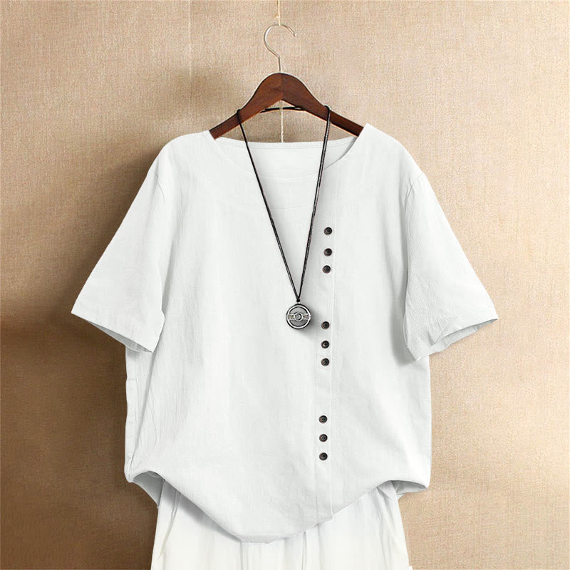 Maglietta da donna a maniche corte in cotone con scollo a giro, casual, estiva, in jacquard, con bottoni, colore puro, motivo Buddha Stones - Bianco - US20, UK/AU24, EU52 (5XL) - image 0