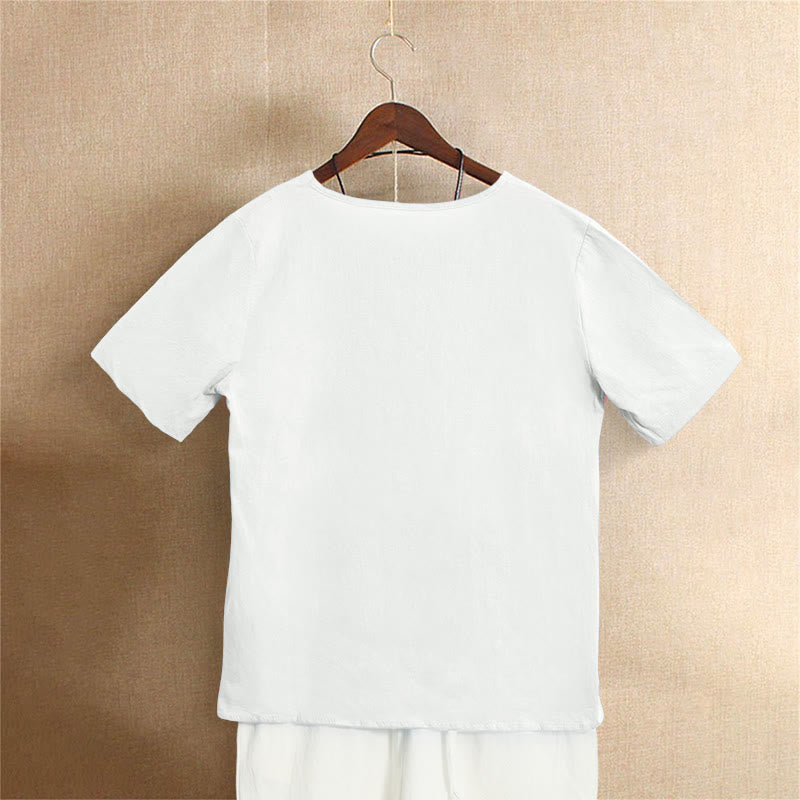 Maglietta da donna a maniche corte in cotone con scollo a giro, casual, estiva, in jacquard, con bottoni, colore puro, motivo Buddha Stones - image 1