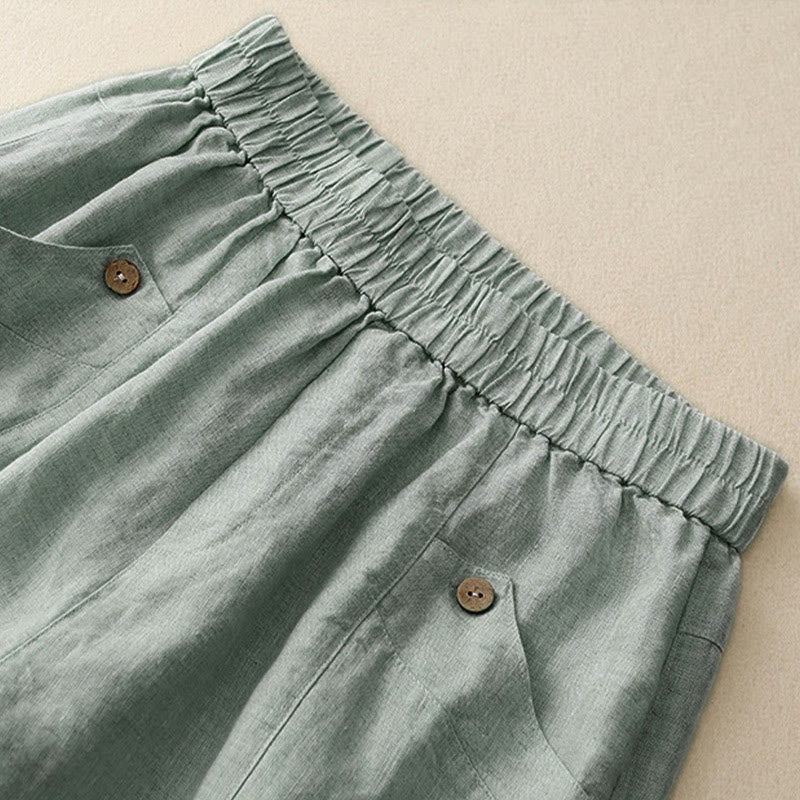 Pantaloncini da donna in cotone tinta unita con tasche e bottoni casual estivi Buddha Stones - image 3