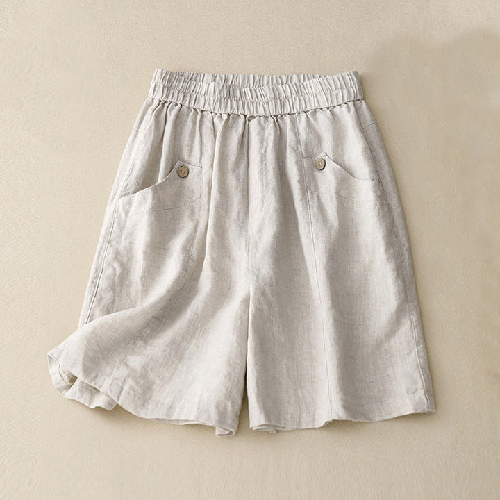 Pantaloncini da donna in cotone tinta unita con tasche e bottoni casual estivi Buddha Stones - Beige - US8-10, UK/AU12-14, EU40-42 (2XL) - image 5