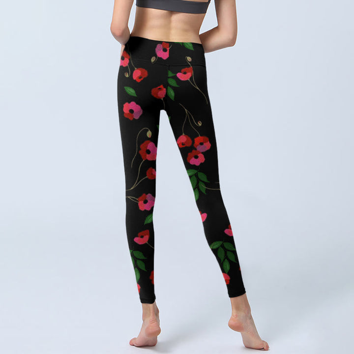 Leggings da palestra con stampa di fiori rossi vivaci e foglie verdi, pantaloni da yoga da donna , Buddha Stones - image 7