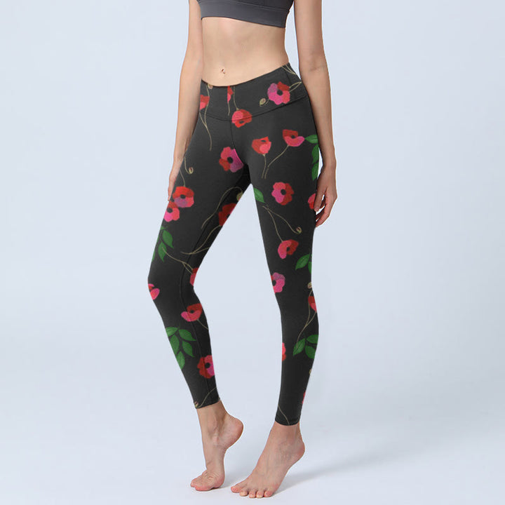 Leggings da palestra con stampa di fiori rossi vivaci e foglie verdi, pantaloni da yoga da donna , Buddha Stones - Nero - US18, UK/AU22, EU50 (4XL) - image 1