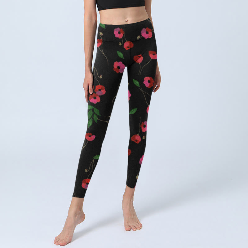 Leggings da palestra con stampa di fiori rossi vivaci e foglie verdi, pantaloni da yoga da donna , Buddha Stones - image 6