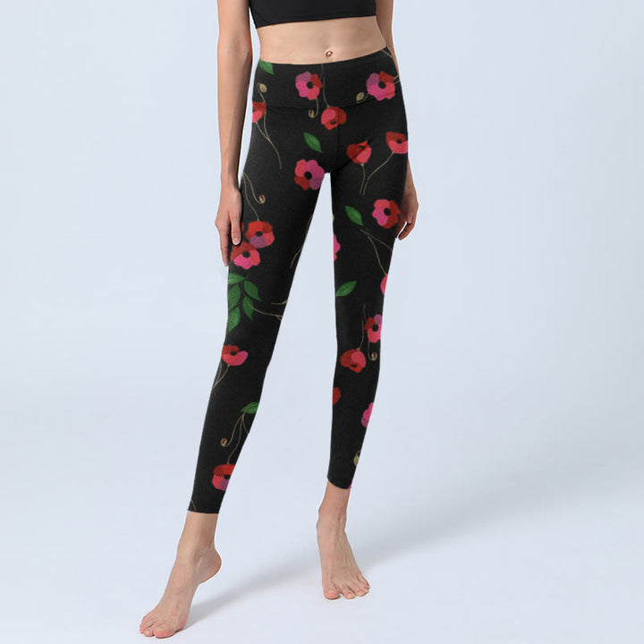 Leggings da palestra con stampa di fiori rossi vivaci e foglie verdi, pantaloni da yoga da donna , Buddha Stones - image 6