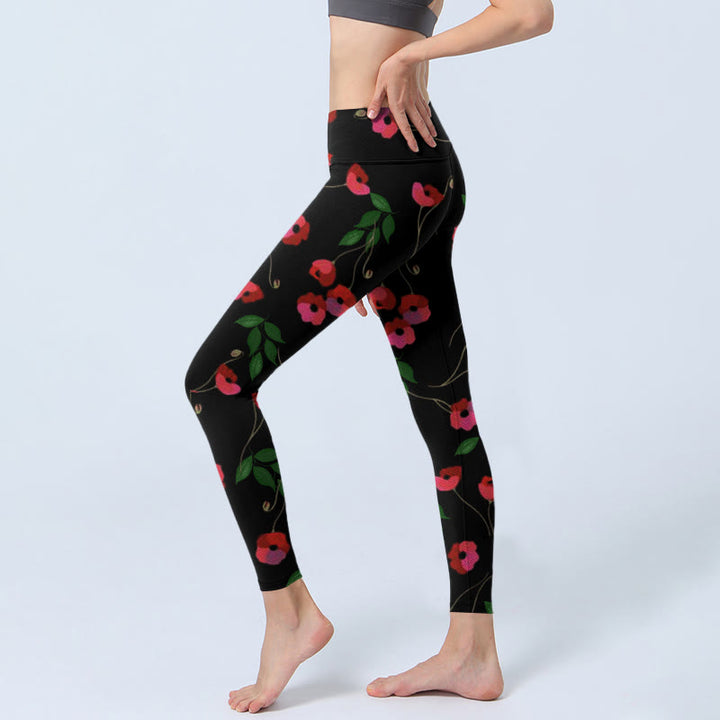 Leggings da palestra con stampa di fiori rossi vivaci e foglie verdi, pantaloni da yoga da donna , Buddha Stones - image 3