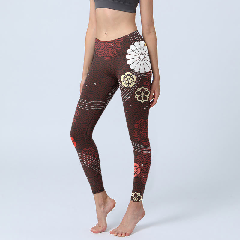 Leggings da palestra con stampa a onde a ventaglio floreale marrone-rossastro Buddha Stones, pantaloni da yoga da donna - Marrone sella - US18, UK/AU22, EU50 (4XL) - image 1
