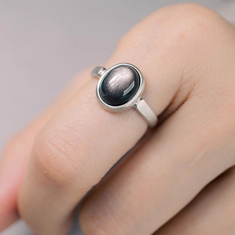 Anello di protezione regolabile in argento sterling 925 con Buddha Stones e ossidiana lucida naturale - image 1