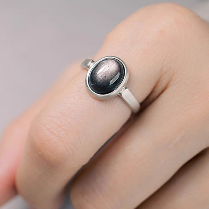 Anello di protezione regolabile in argento sterling 925 con Buddha Stones e ossidiana lucida naturale - image 1